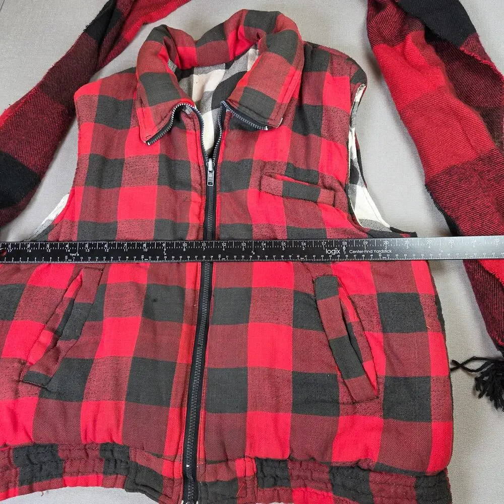 Unbranded Reversible Buffalo Plaid Vest Scarf Set Red Black Adult Large